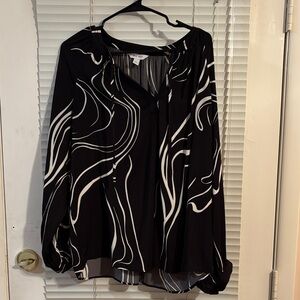Nine West Womens Sz XL Black Ivory Geometric Keyhole Long Sleeve